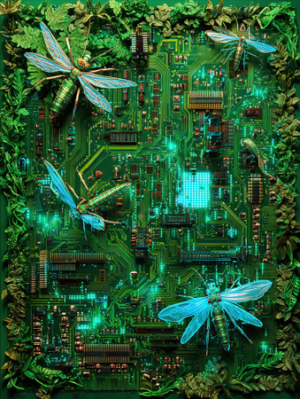 Electronic circuit board with dragonflies and insects. Green background.の素材
