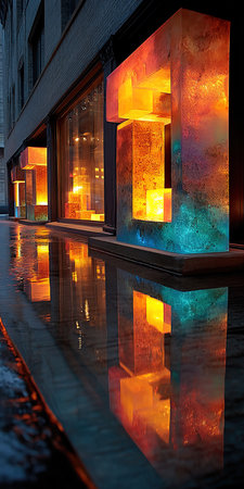 Reflection of a building at night in a street in Paris, Franceの素材