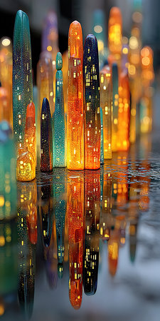 Abstract image of glass building with reflection on water surface. Shallow depth of fieldの素材