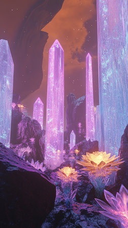 Fantasy alien planet. Mountain and flowers. 3D illustration.の素材