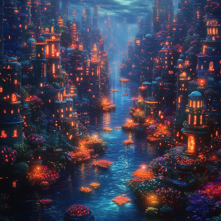 3D Illustration of a Fantasy Landscape with Lanterns.の素材