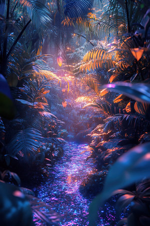 Foggy tropical rainforest with neon lights. 3d renderingの素材