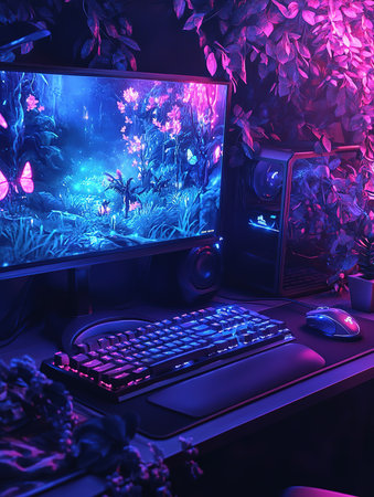 Computer in dark room with neon lights. 3D Rendering.の素材