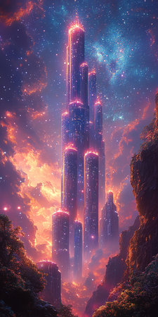 Fantasy landscape with skyscrapers and galaxy. 3D illustrationの素材