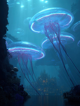 Jellyfish in the deep blue sea. 3D rendering.の素材