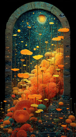 Mystical door with yellow mushrooms. Fantasy illustration. 3D renderingの素材
