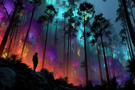 Silhouette of a woman in the forest against the background of the night skyの素材