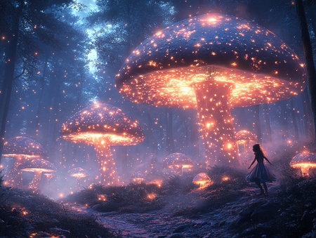 Mystical fairy forest with magic mushrooms. 3D rendering.の素材