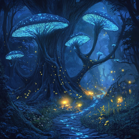 Fantasy landscape with magical forest and magic lights. Digital painting.の素材