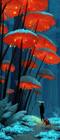 Illustration of a ladybug walking in the forest with an umbrellaの素材