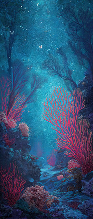 Underwater scene with corals and starry sky. Digital painting.の素材