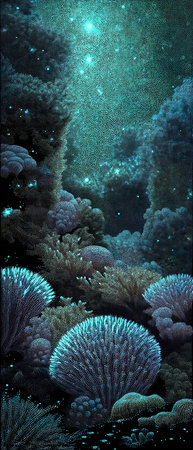 Fantasy landscape with corals and stars. 3D illustration.の素材