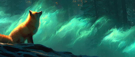 Red fox in the forest. 3D illustration. Fantasy forest.の素材