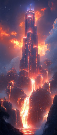 Fantasy landscape with a fire in the sky. 3D renderingの素材