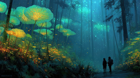 Digital painting of a couple walking in a misty forest with flowersの素材