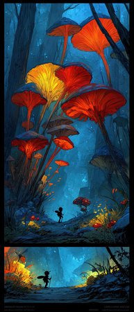 Fantasy landscape with mushrooms in the forest - illustration for children.の素材