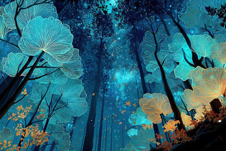 Fantasy forest. 3d illustration of fantasy forest with trees.の素材