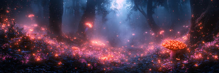 Mysterious dark forest with red mushrooms and fog. 3d renderingの素材