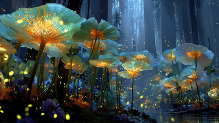 3d rendering of a lotus flower in a fantasy forest.の素材
