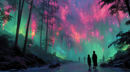 A man and a woman walking in the night forest.3d renderingの素材
