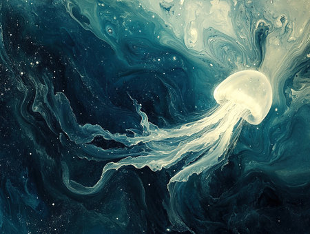 Jellyfish in the ocean. Abstract color background. Fantasy fractal design. Digital art. 3D rendering.の素材