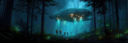 Fantasy landscape with giant alien planet in the dark forest. 3d renderingの素材