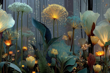 3D illustration of a fantasy forest with flowers and grasses.の素材