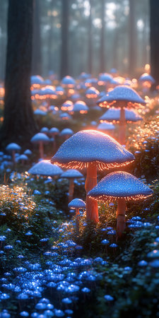 Mushrooms in the forest at sunrise. Fairytale magic landscapeの素材