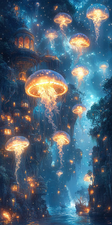 Fantasy landscape with lanterns in the forest. 3D renderingの素材
