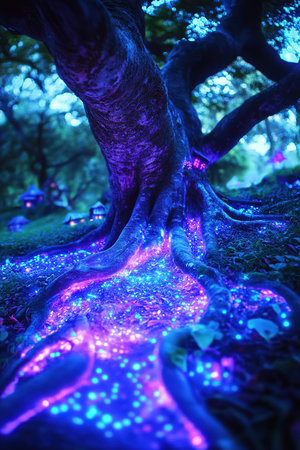 Giant tree with colorful led lights in the park at night.の素材