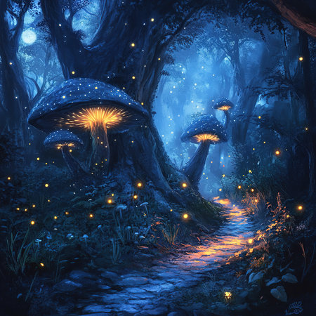 Mystical dark forest with magic mushrooms and path. 3D renderingの素材