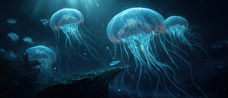 Jellyfish floating in the ocean. 3d illustration of jellyfishの素材