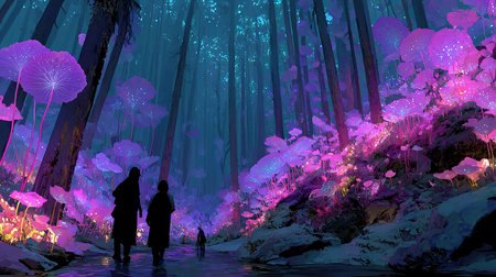 Illustration of a couple in the forest at night with purple lightsの素材