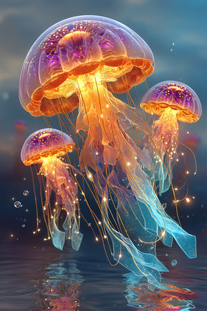 Jellyfish in the water, 3D illustration of jellyfishの素材