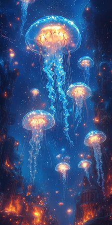 Jellyfish in the night sky. Underwater world. 3d renderingの素材