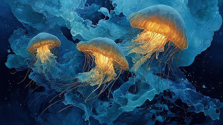 Jellyfish in the ocean. 3d illustration of jellyfish swimming in the ocean.の素材