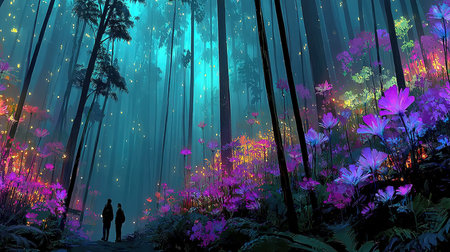 Fantasy landscape with foggy forest and colorful flowers, 3d renderの素材