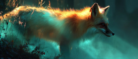 Red fox in the forest at night. 3d render illustration.の素材