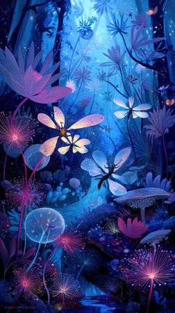 Beautiful magic forest landscape with flowers and butterflies. Digital painting.の素材
