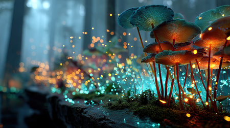 Fantasy scene with magic mushrooms and lights. 3D Renderingの素材