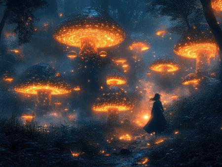 Mystical forest with magic mushrooms and witch. 3D renderingの素材