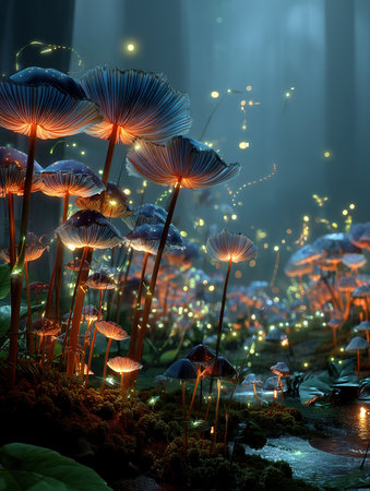 Fantasy landscape with magic mushrooms and glowing lights. 3D renderingの素材