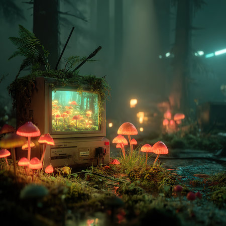 Retro TV in the forest with foggy background. Halloween concept.の素材