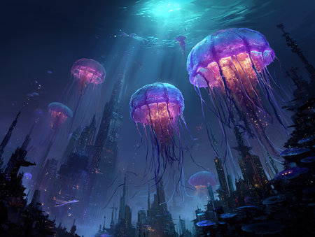 Fantasy alien planet with jellyfish. 3d render illustration.の素材