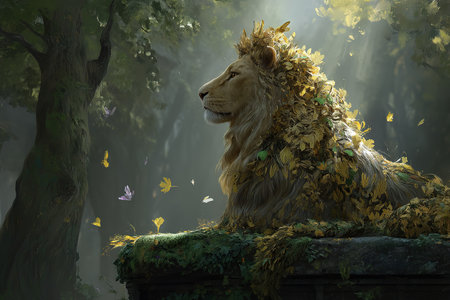 Lion in the forest with butterflies, 3d rendering. Computer digital drawing.の素材