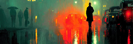 Silhouette of a woman in a raincoat on the background of the night city.の素材