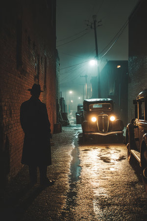 A man in a hat and coat is standing in the street at night in a foggy day.の素材