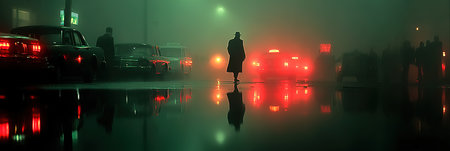 Silhouette of a man standing in the middle of a foggy cityの素材