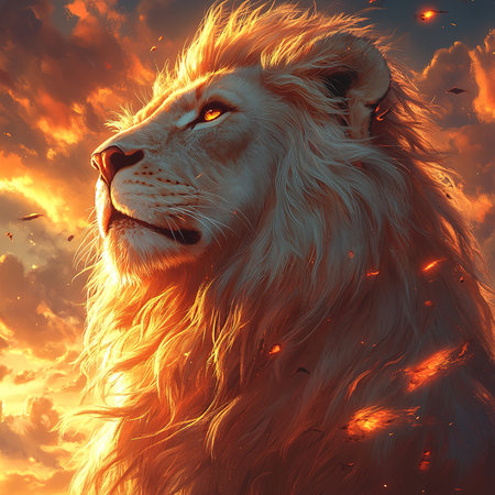 Lion in the sky at sunset. 3d rendering, illustrationの素材