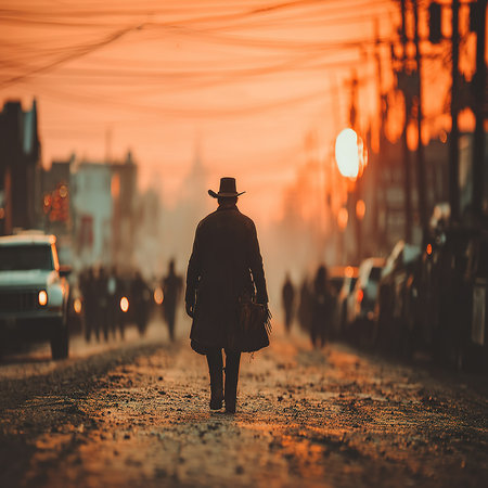 A silhouette of a man in a hat on the street at sunsetの素材